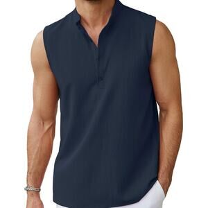 Hawalili Mens Sleeveless Henley Neck Beach Shirt Sky Blue Size XL